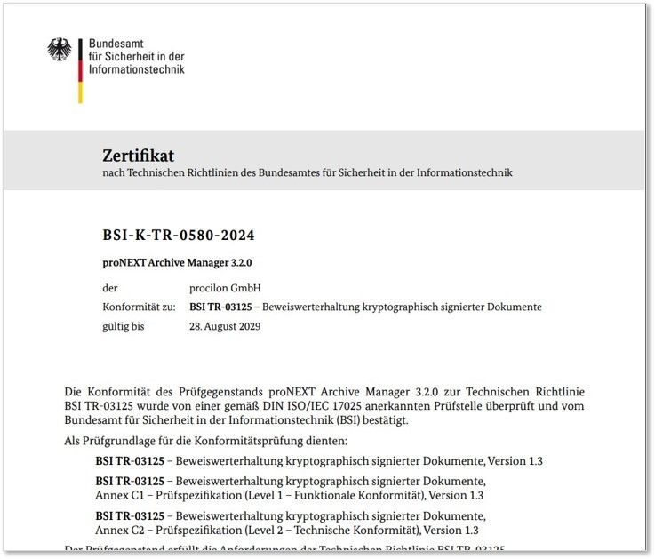 procilon pronext archive manager tr-esor zertifizierung  version 1.3